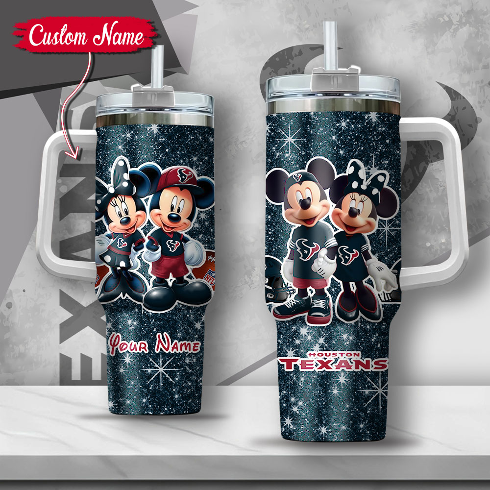 NFL Houston Texans Mickey And Minnie Couple Custom Stanley Quencher 40oz Stainless Steel Tumbler With Handle