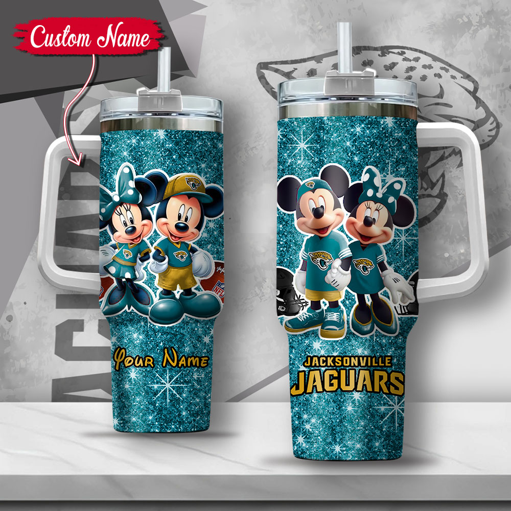 NFL Jacksonville Jaguars Mickey And Minnie Couple Custom Stanley Quencher 40oz Stainless Steel Tumbler With Handle