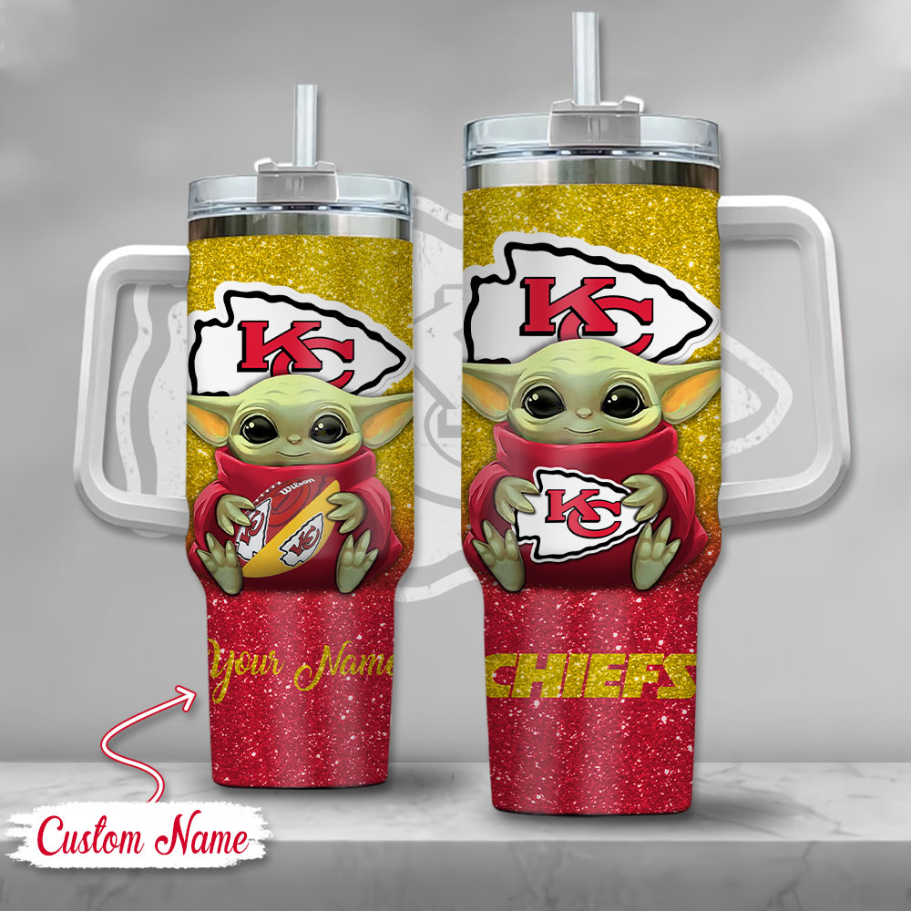 NFL Kansas City Chiefs Baby Yoda Custom Stanley Quencher 40oz Stainless Steel Tumbler With Handle