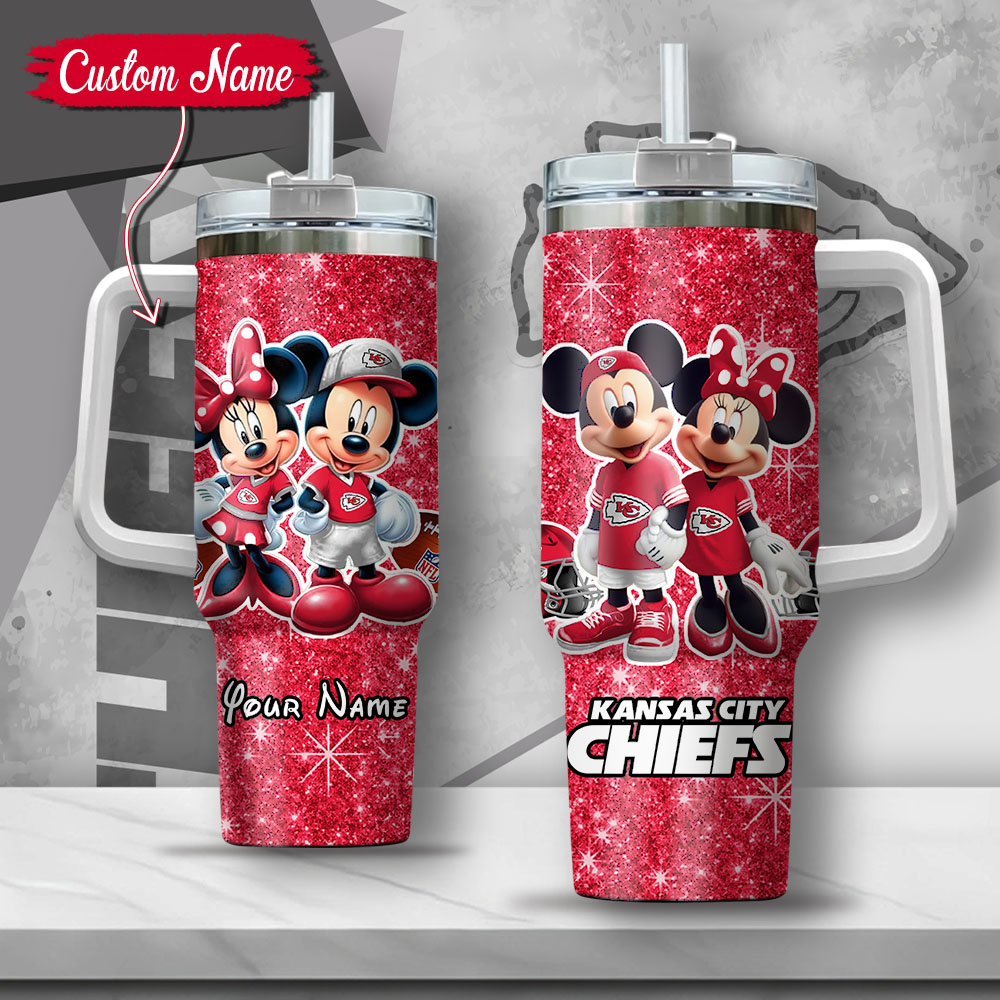 NFL Kansas City Chiefs Mickey And Minnie Couple Custom Stanley Quencher 40oz Stainless Steel Tumbler With Handle