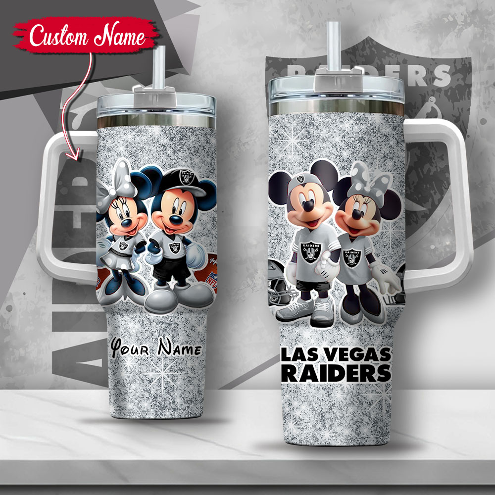 NFL Las Vegas Raiders Mickey And Minnie Couple Custom Stanley Quencher 40oz Stainless Steel Tumbler With Handle