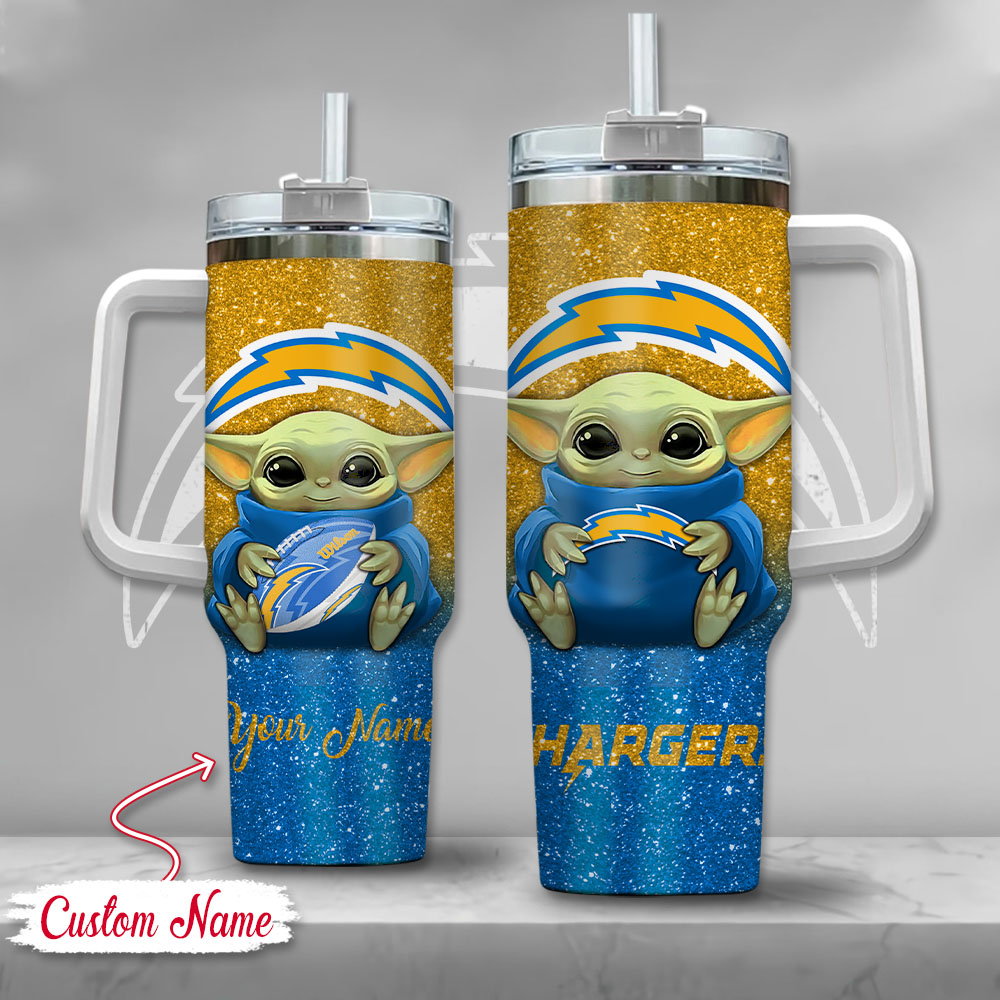 NFL Los Angeles Chargers Baby Yoda Custom Stanley Quencher 40oz Stainless Steel Tumbler With Handle