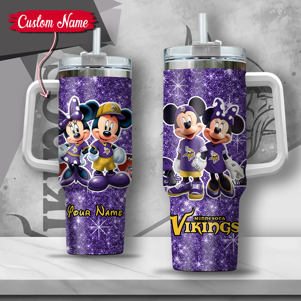 NFL Minnesota Vikings Mickey And Minnie Couple Custom Stanley Quencher 40oz Stainless Steel Tumbler With Handle