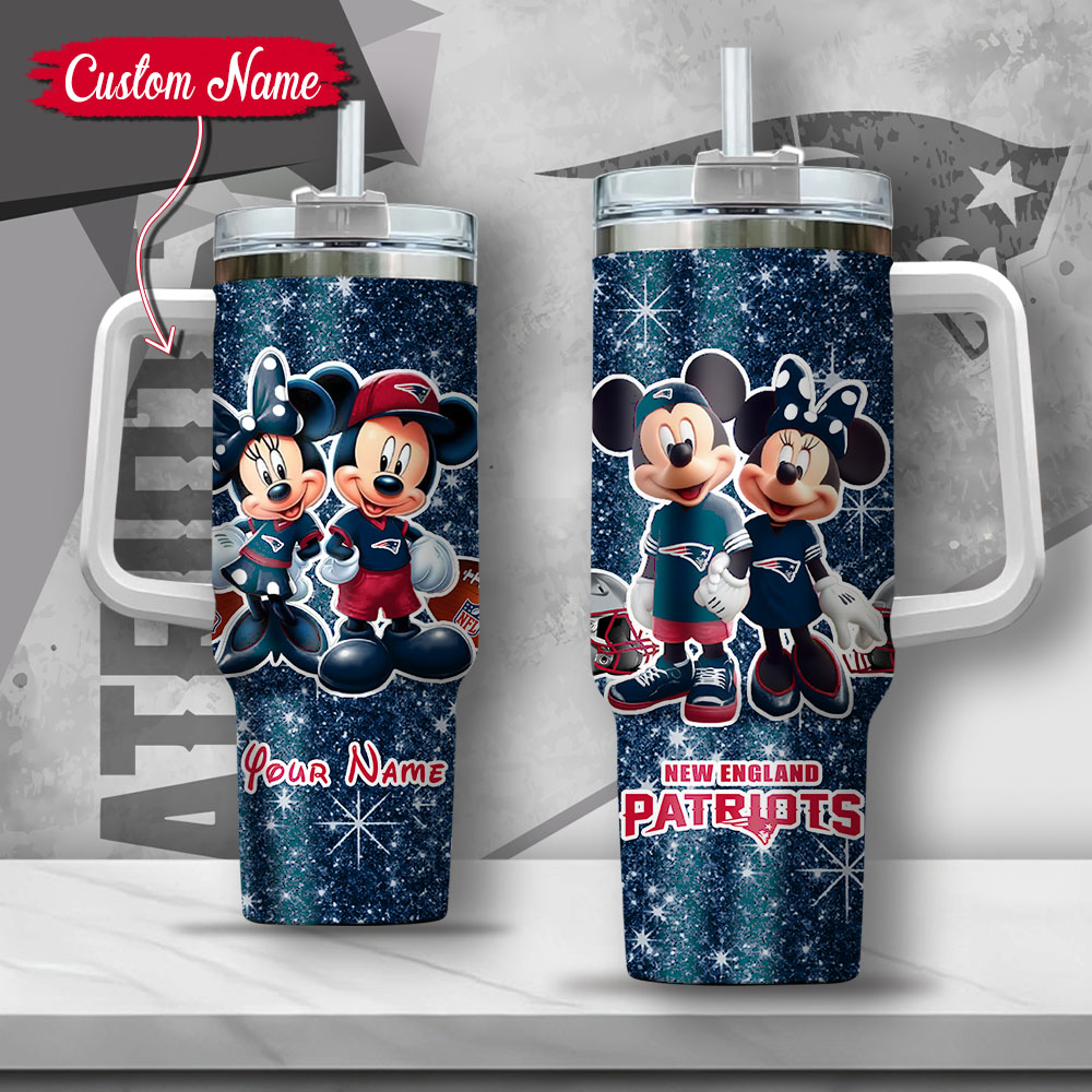 NFL New England Patriots Mickey And Minnie Couple Custom Stanley Quencher 40oz Stainless Steel Tumbler With Handle