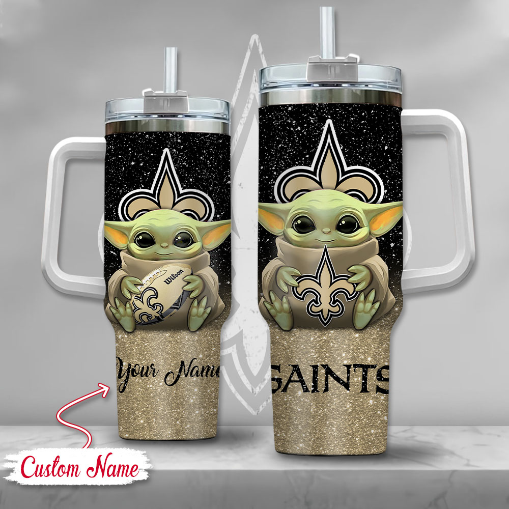 NFL New Orleans Saints Baby Yoda Custom Stanley Quencher 40oz Stainless Steel Tumbler With Handle
