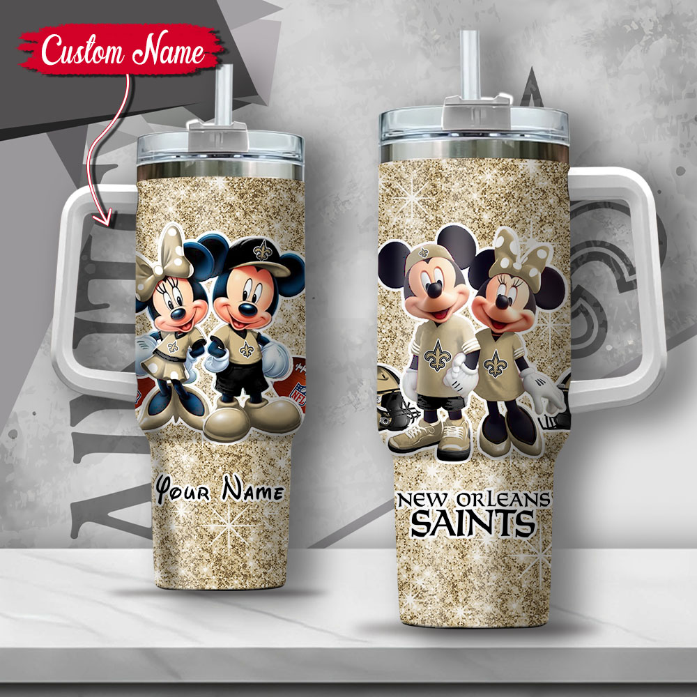 NFL New Orleans Saints Mickey And Minnie Couple Custom Stanley Quencher 40oz Stainless Steel Tumbler With Handle