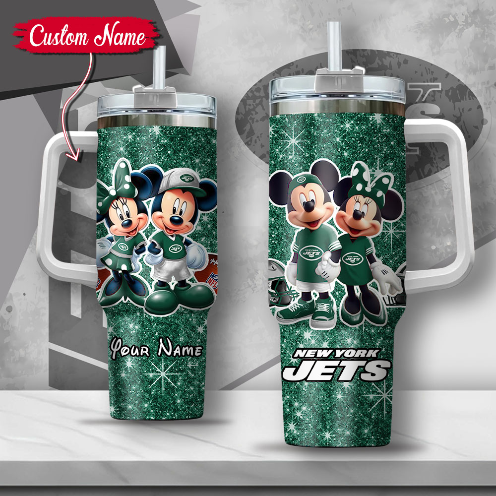 NFL New York Jets Mickey And Minnie Couple Custom Stanley Quencher 40oz Stainless Steel Tumbler With Handle