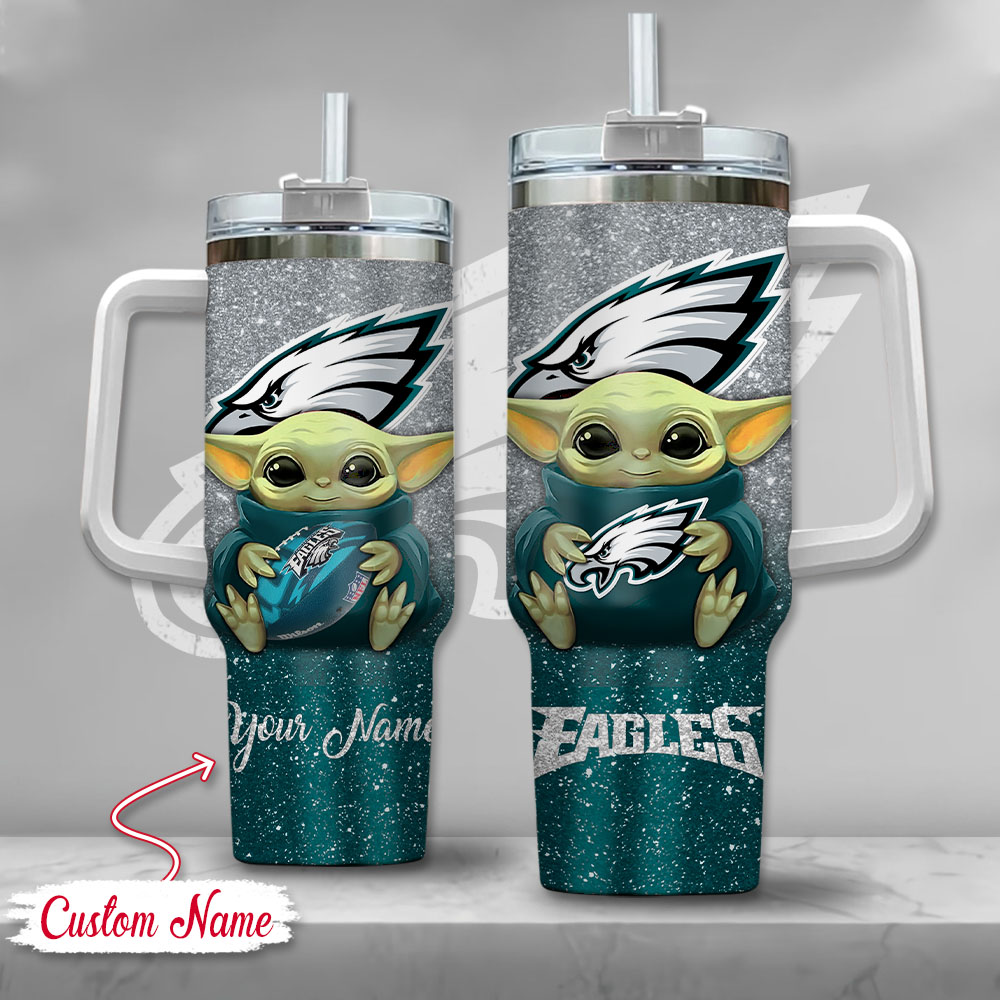 NFL Philadelphia Eagles Baby Yoda Custom Stanley Quencher 40oz Stainless Steel Tumbler With Handle
