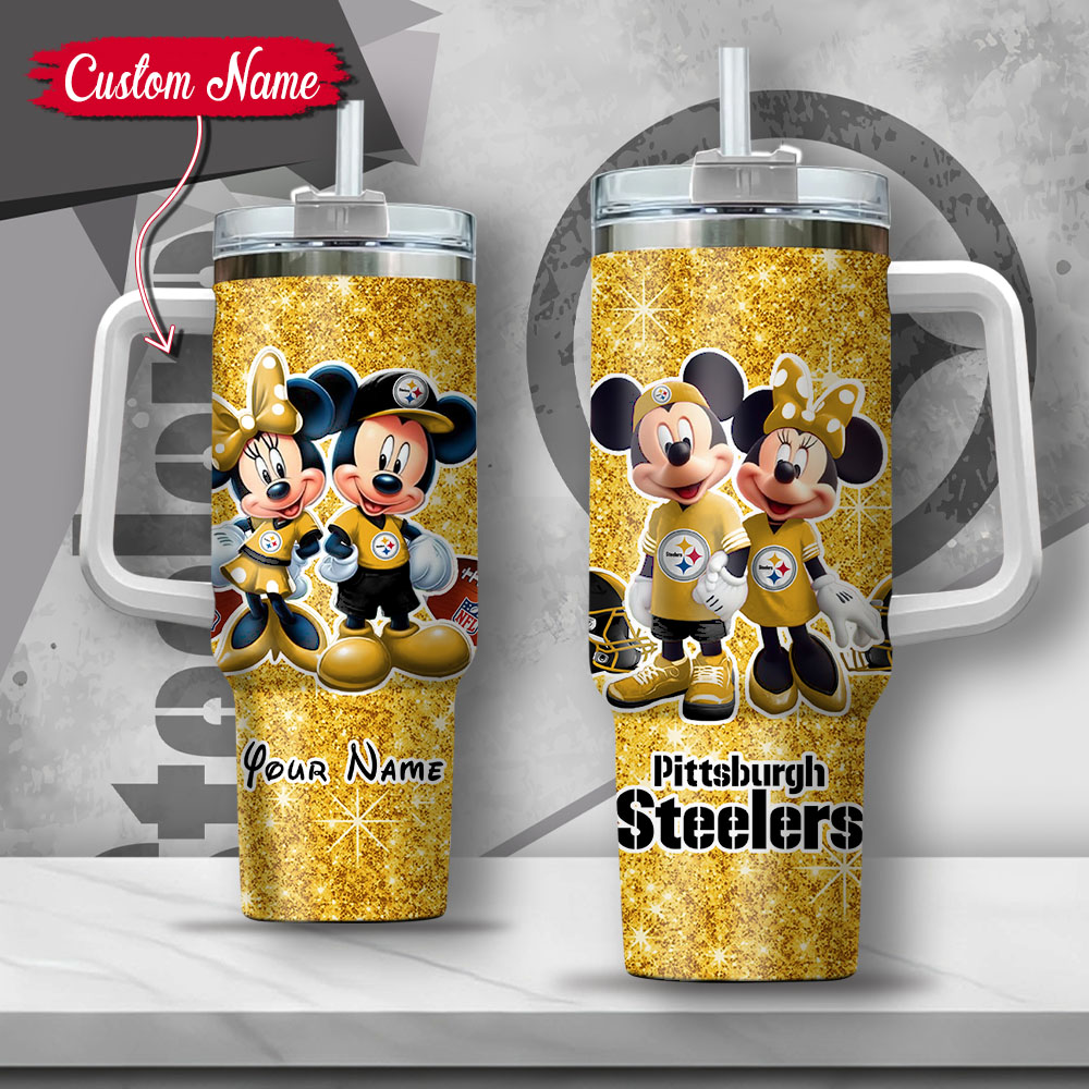 NFL Pittsburgh Steelers Mickey And Minnie Couple Custom Stanley Quencher 40oz Stainless Steel Tumbler With Handle