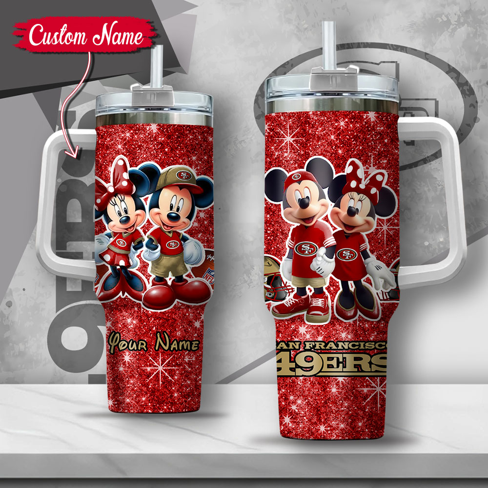 NFL San Francisco 49ers Mickey And Minnie Couple Custom Stanley Quencher 40oz Stainless Steel Tumbler With Handle