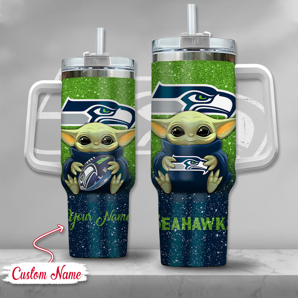 NFL Seattle Seahawks Baby Yoda Custom Stanley Quencher 40oz Stainless Steel Tumbler With Handle