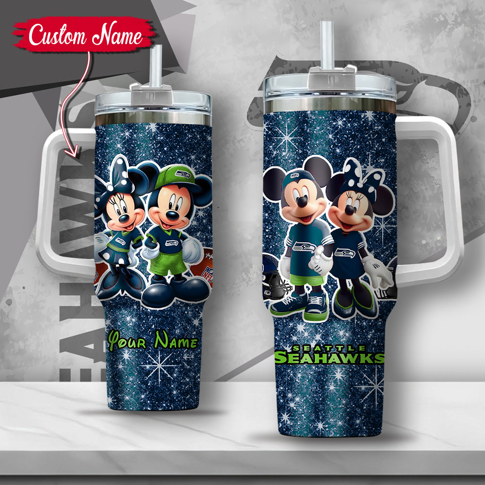 NFL Seattle Seahawks Mickey And Minnie Couple Custom Stanley Quencher 40oz Stainless Steel Tumbler With Handle