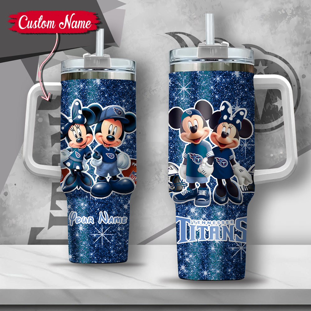 NFL Tennessee Titans Mickey And Minnie Couple Custom Stanley Quencher 40oz Stainless Steel Tumbler With Handle