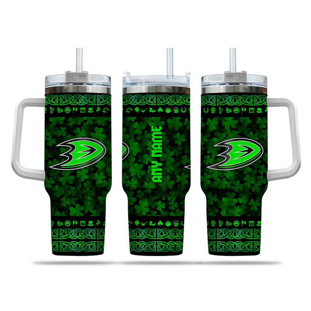 NHL Anaheim Ducks Happy St. Patrick's Day Custom Stanley Quencher 40oz Stainless Steel Tumbler With Handle