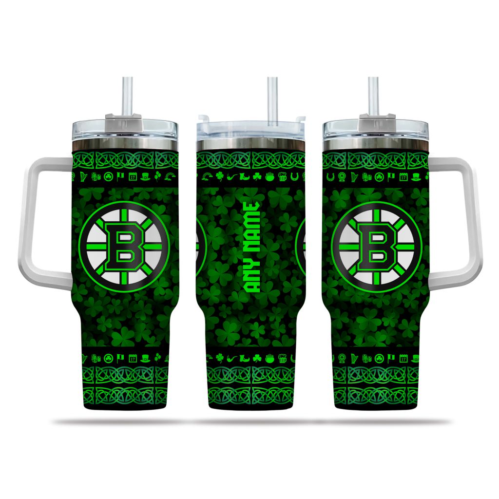 NHL Boston Bruins Happy St. Patrick's Day Custom Stanley Quencher 40oz Stainless Steel Tumbler With Handle