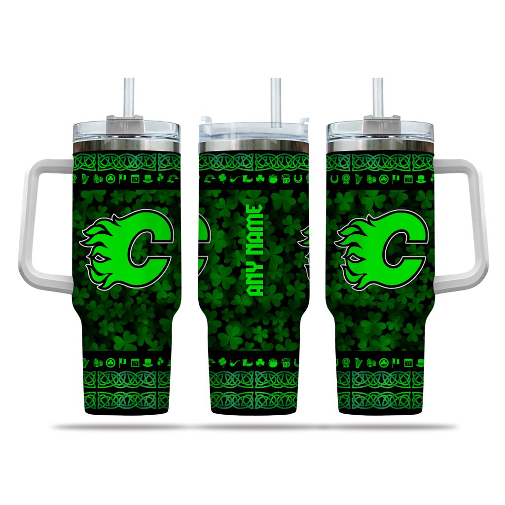 NHL Calgary Flames Happy St. Patrick's Day Custom Stanley Quencher 40oz Stainless Steel Tumbler With Handle