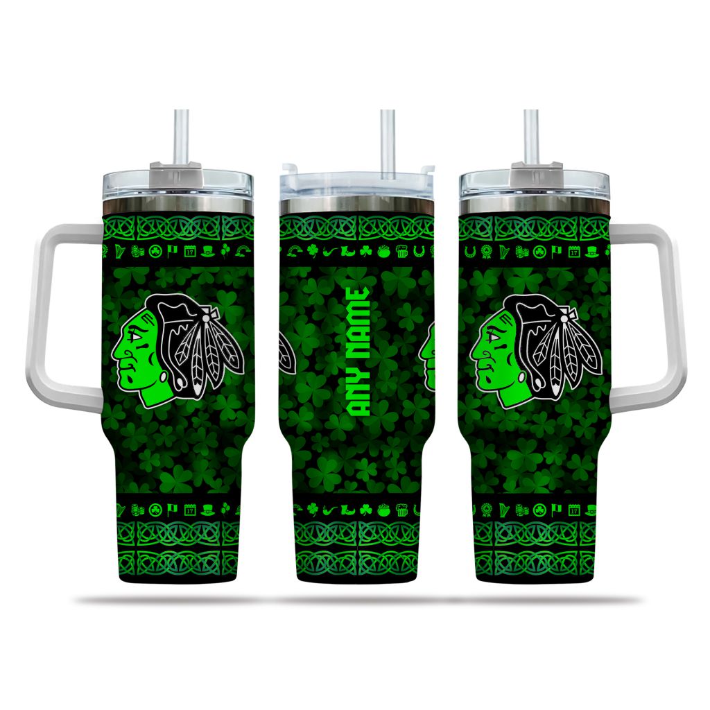 NHL Chicago Blackhawks Happy St. Patrick's Day Custom Stanley Quencher 40oz Stainless Steel Tumbler With Handle