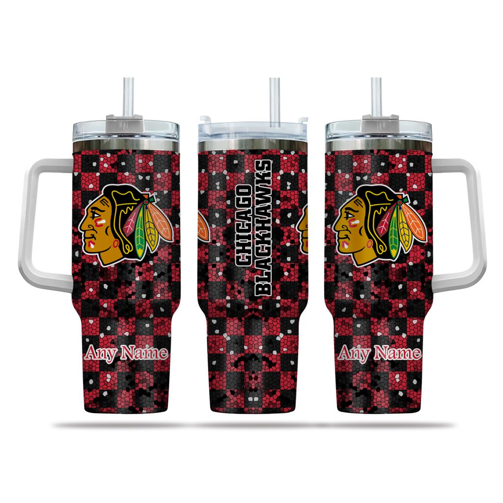 NHL Chicago Blackhawks Stained Glass Effect Custom Stanley Quencher 40oz Stainless Steel Tumbler With Handle