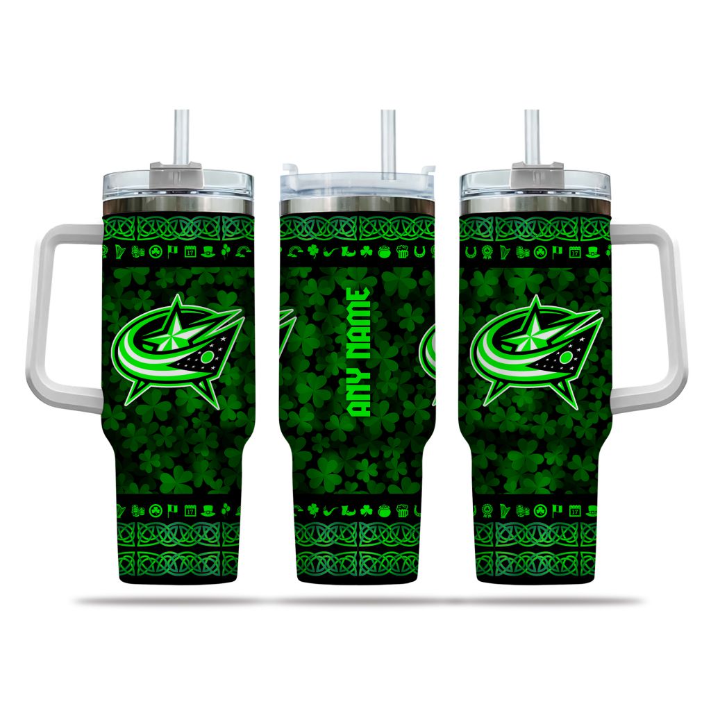 NHL Columbus Blue Jackets Happy St. Patrick's Day Custom Stanley Quencher 40oz Stainless Steel Tumbler With Handle