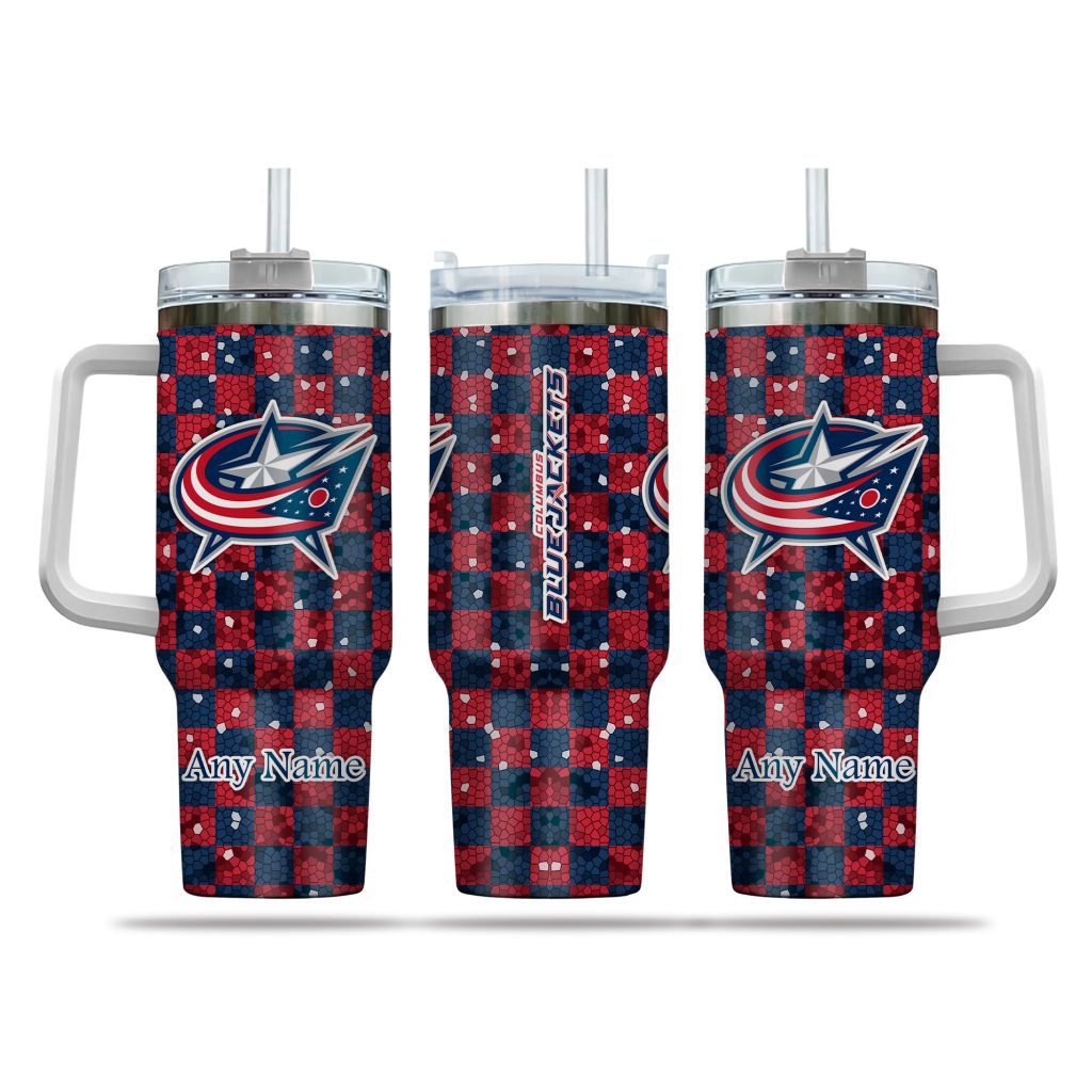 NHL Columbus Blue Jackets Stained Glass Effect Custom Stanley Quencher 40oz Stainless Steel Tumbler With Handle
