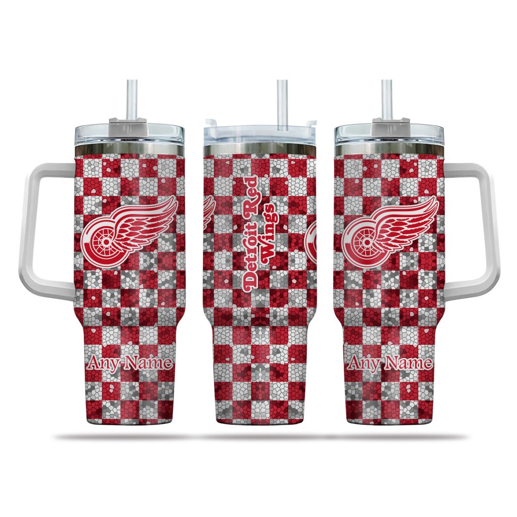 NHL Detroit Red Wings Stained Glass Effect Custom Stanley Quencher 40oz Stainless Steel Tumbler With Handle