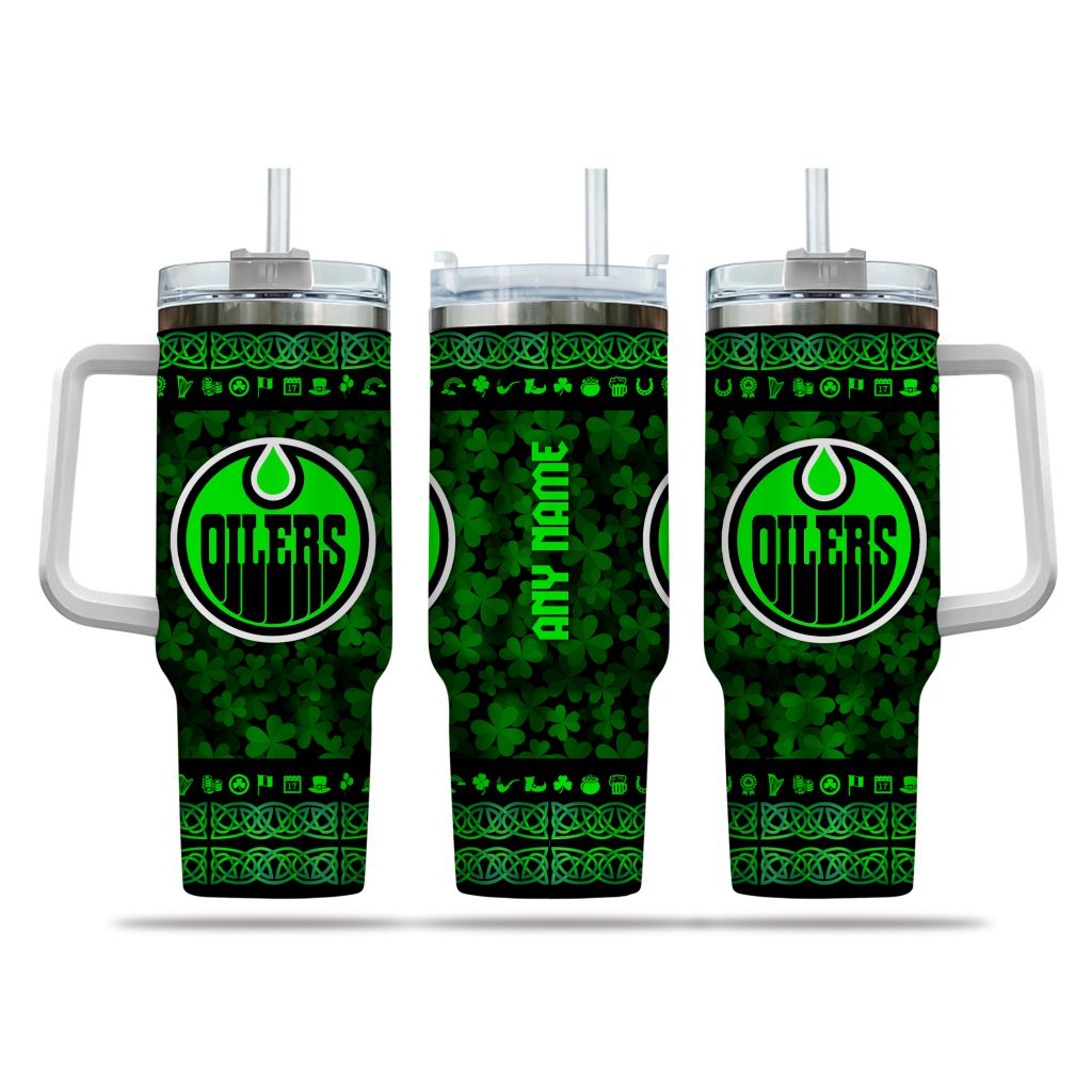 NHL Edmonton Oilers Happy St. Patrick's Day Custom Stanley Quencher 40oz Stainless Steel Tumbler With Handle