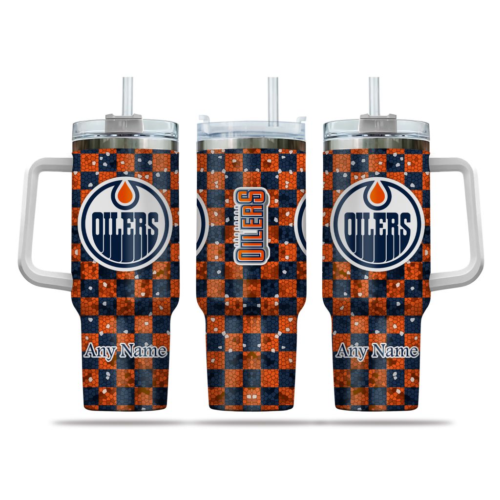 NHL Edmonton Oilers Stained Glass Effect Custom Stanley Quencher 40oz Stainless Steel Tumbler With Handle