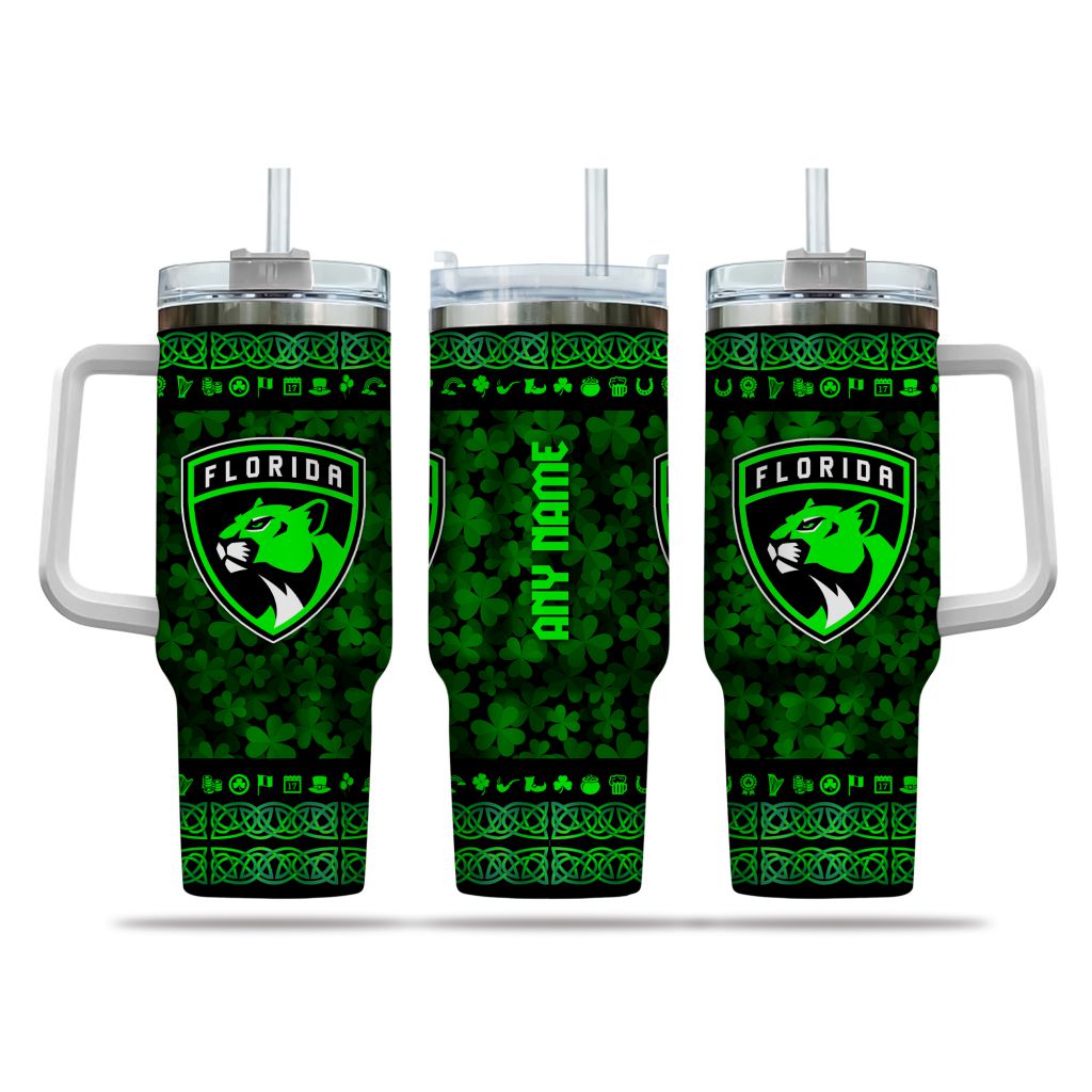 NHL Florida Panthers Happy St. Patrick's Day Custom Stanley Quencher 40oz Stainless Steel Tumbler With Handle