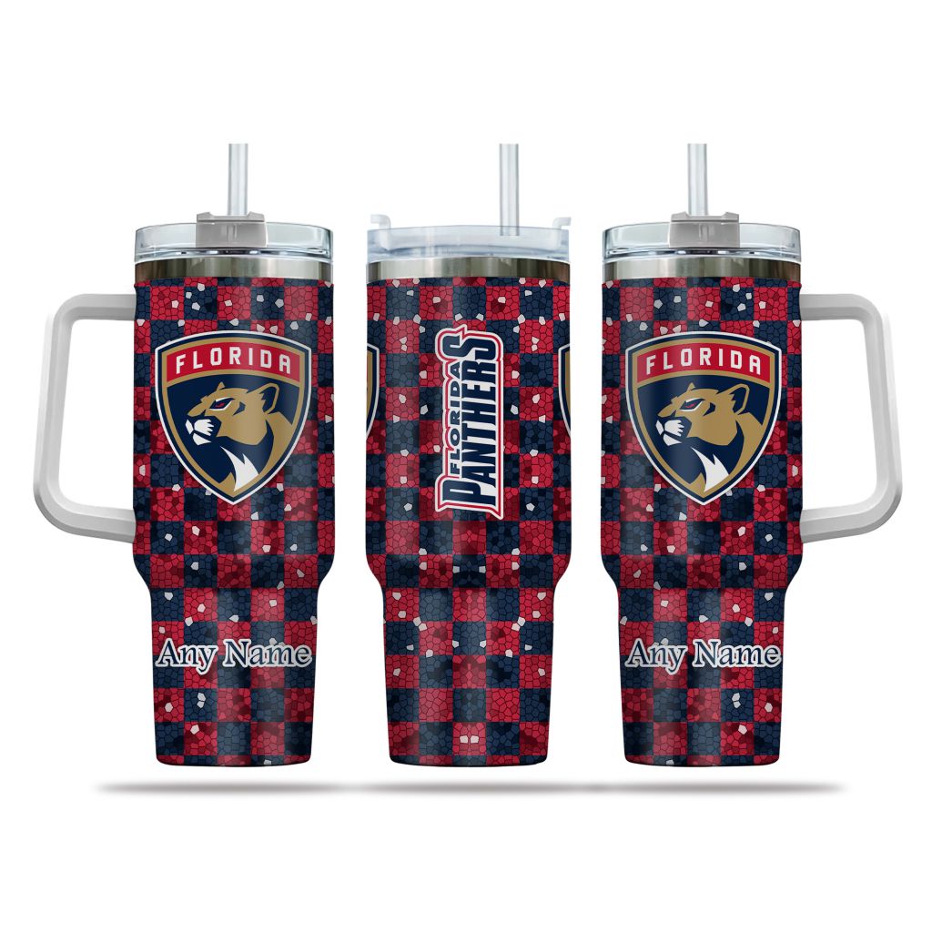 NHL Florida Panthers Stained Glass Effect Custom Stanley Quencher 40oz Stainless Steel Tumbler With Handle