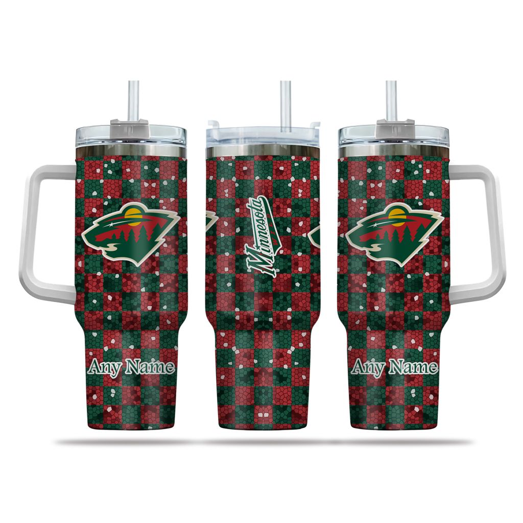 NHL Minnesota Wild Stained Glass Effect Custom Stanley Quencher 40oz Stainless Steel Tumbler With Handle