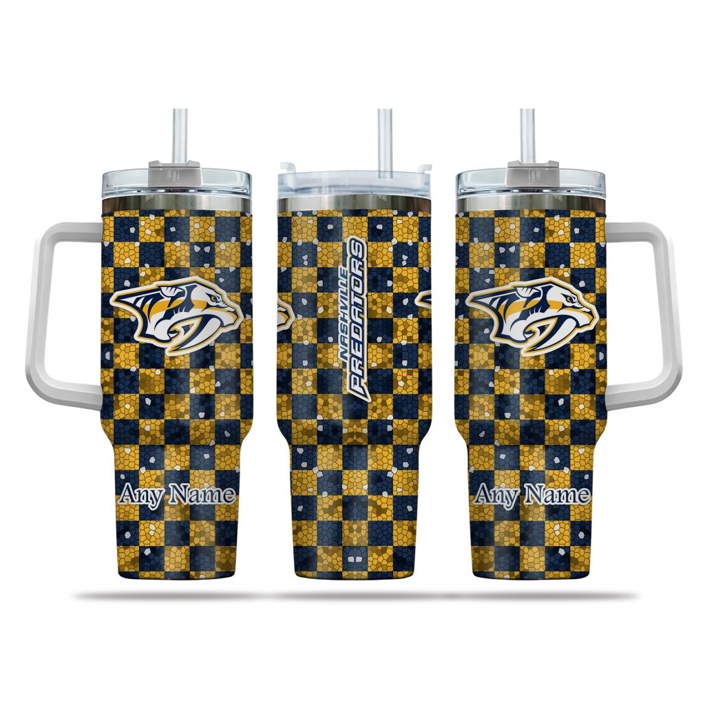 NHL Nashville Predators Stained Glass Effect Custom Stanley Quencher 40oz Stainless Steel Tumbler With Handle