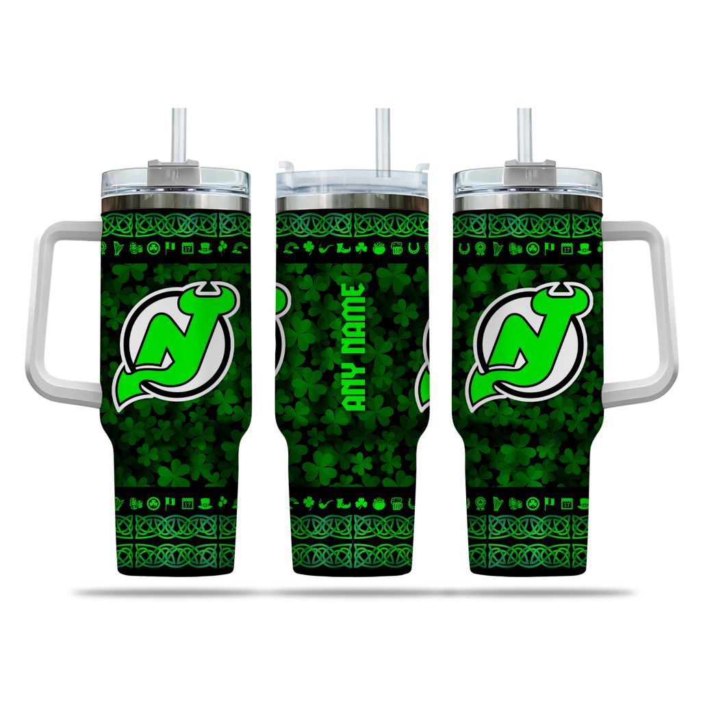 NHL New Jersey Devils Happy St. Patrick's Day Custom Stanley Quencher 40oz Stainless Steel Tumbler With Handle