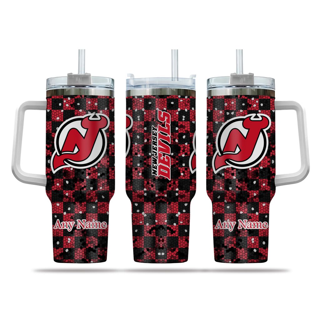 NHL New Jersey Devils Stained Glass Effect Custom Stanley Quencher 40oz Stainless Steel Tumbler With Handle