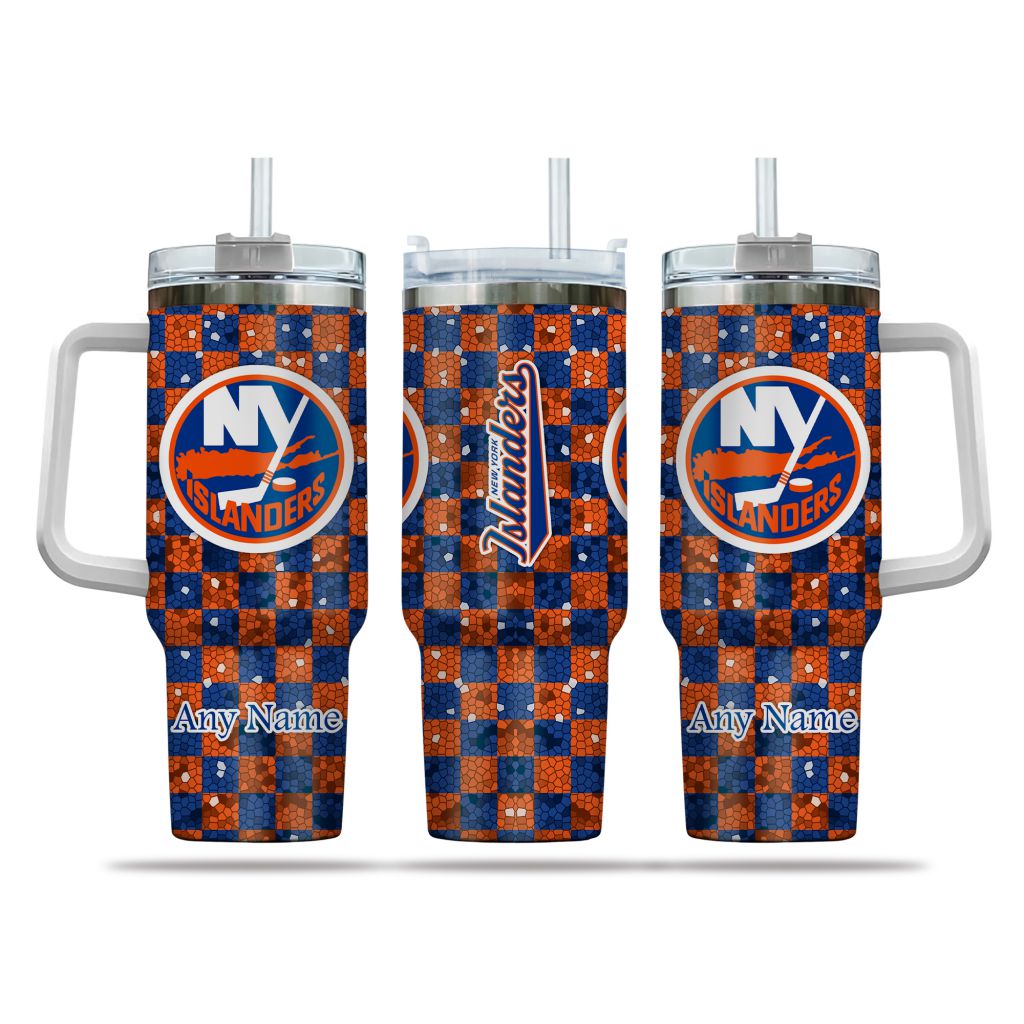 NHL New York Islanders Stained Glass Effect Custom Stanley Quencher 40oz Stainless Steel Tumbler With Handle
