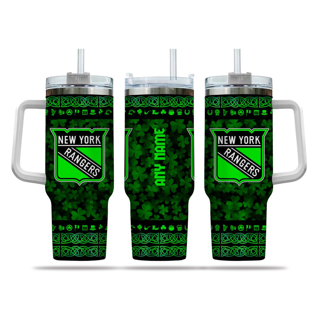 NHL New York Rangers Happy St. Patrick's Day Custom Stanley Quencher 40oz Stainless Steel Tumbler With Handle