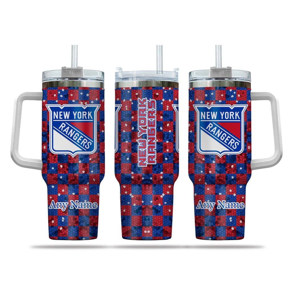 NHL New York Rangers Stained Glass Effect Custom Stanley Quencher 40oz Stainless Steel Tumbler With Handle