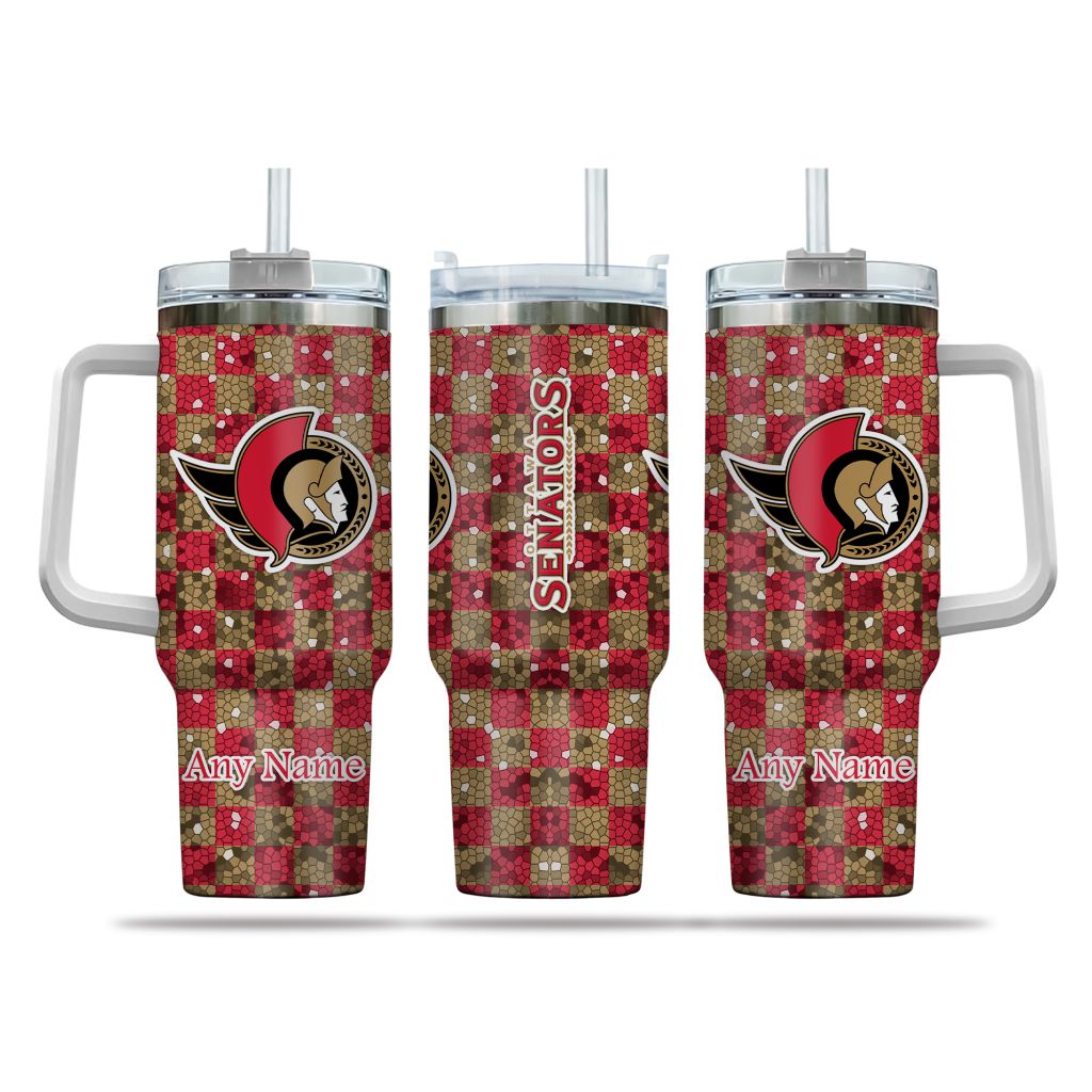 NHL Ottawa Senators Stained Glass Effect Custom Stanley Quencher 40oz Stainless Steel Tumbler With Handle