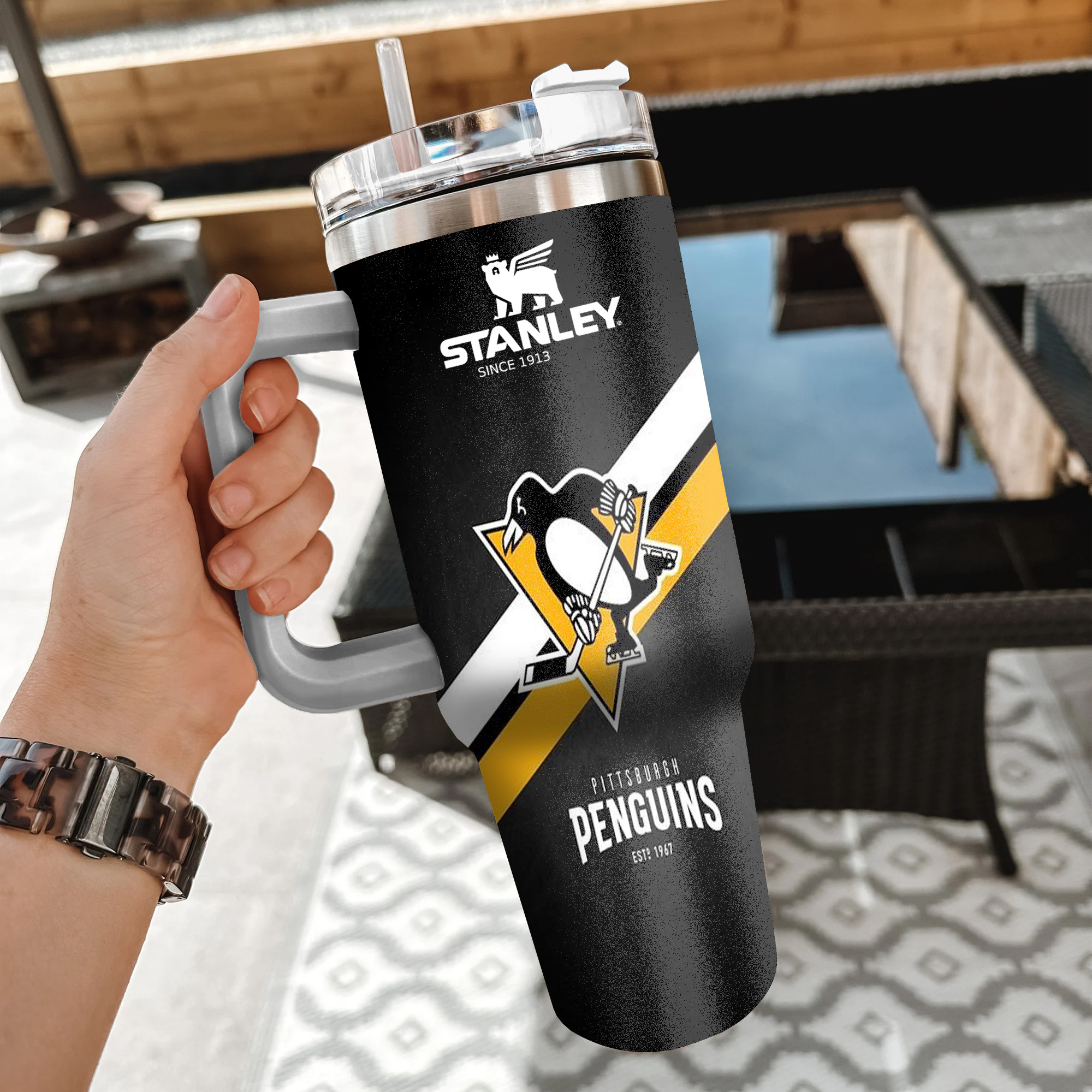 NHL Pittsburgh Penguins Custom Stanley Quencher 40oz Stainless Steel Tumbler With Handle