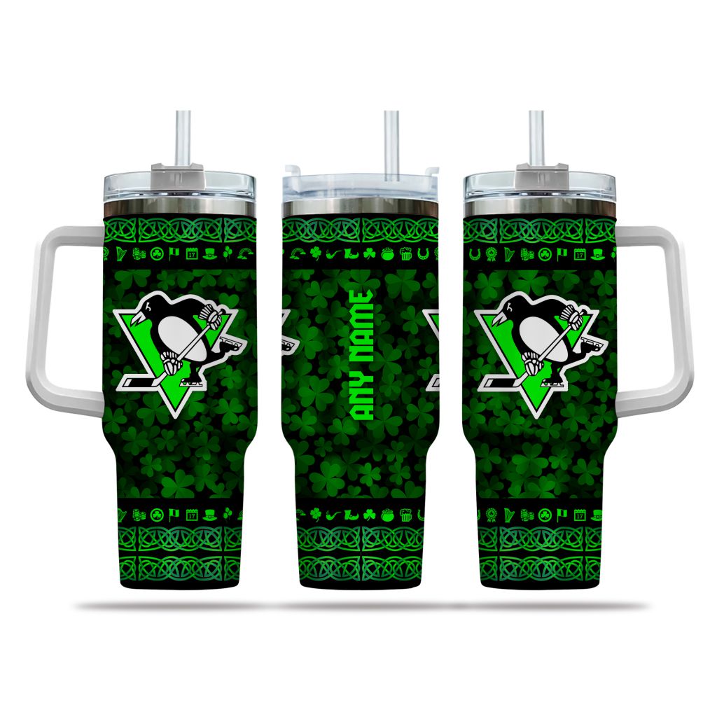 NHL Pittsburgh Penguins Happy St. Patrick's Day Custom Stanley Quencher 40oz Stainless Steel Tumbler With Handle