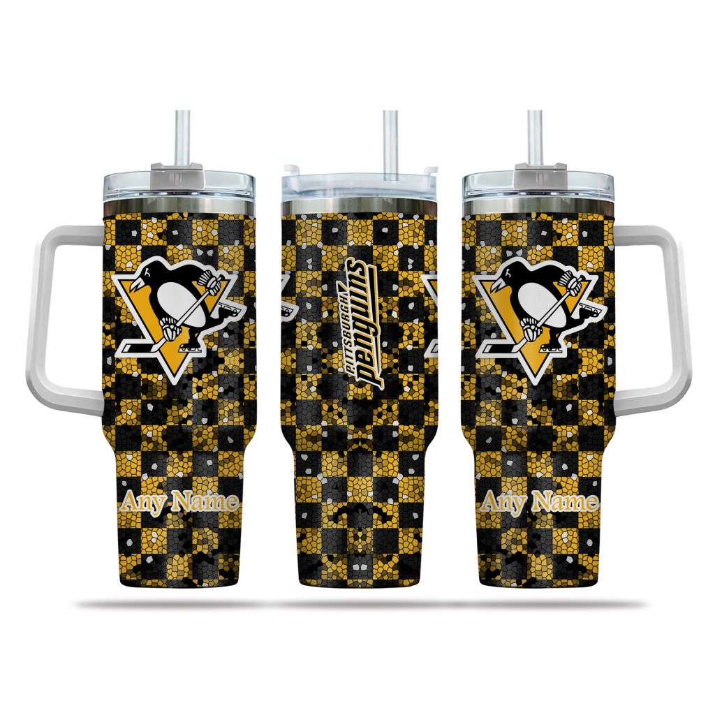 NHL Pittsburgh Penguins Stained Glass Effect Custom Stanley Quencher 40oz Stainless Steel Tumbler With Handle