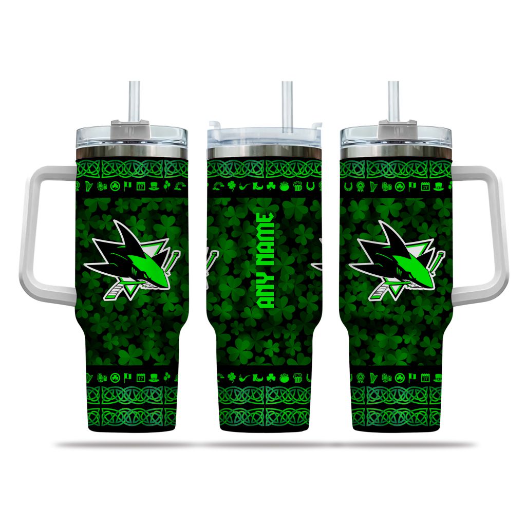 NHL San Jose Sharks Happy St. Patrick's Day Custom Stanley Quencher 40oz Stainless Steel Tumbler With Handle