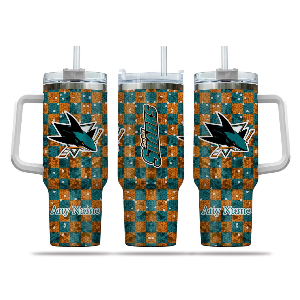 NHL San Jose Sharks Stained Glass Effect Custom Stanley Quencher 40oz Stainless Steel Tumbler With Handle