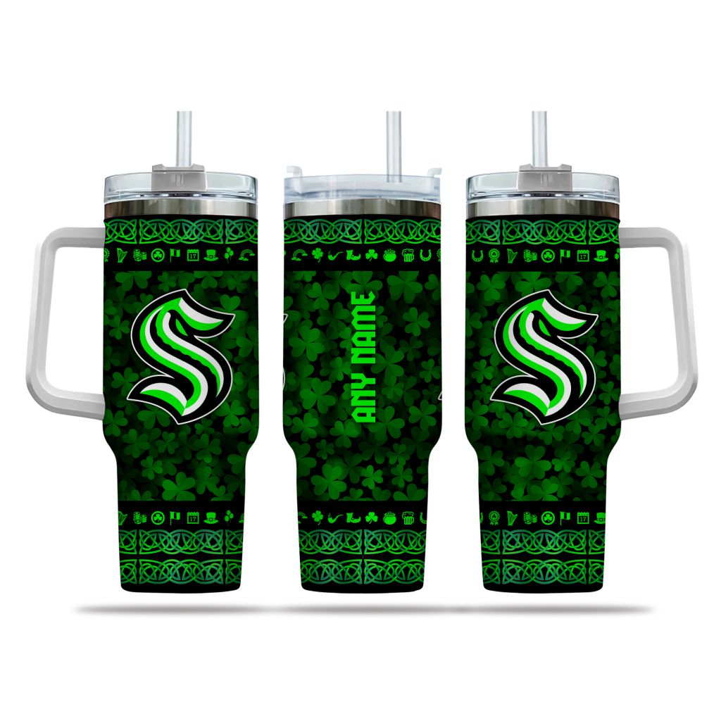 NHL Seattle Kraken Happy St. Patrick's Day Custom Stanley Quencher 40oz Stainless Steel Tumbler With Handle