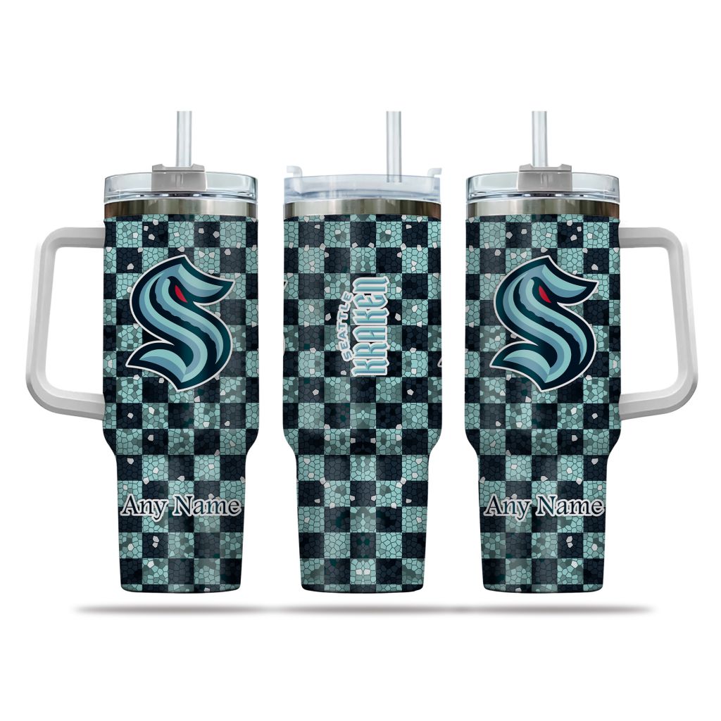 NHL Seattle Kraken Stained Glass Effect Custom Stanley Quencher 40oz Stainless Steel Tumbler With Handle