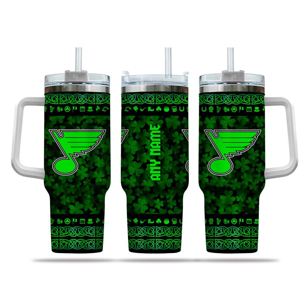 NHL St. Louis Blues Happy St. Patrick's Day Custom Stanley Quencher 40oz Stainless Steel Tumbler With Handle