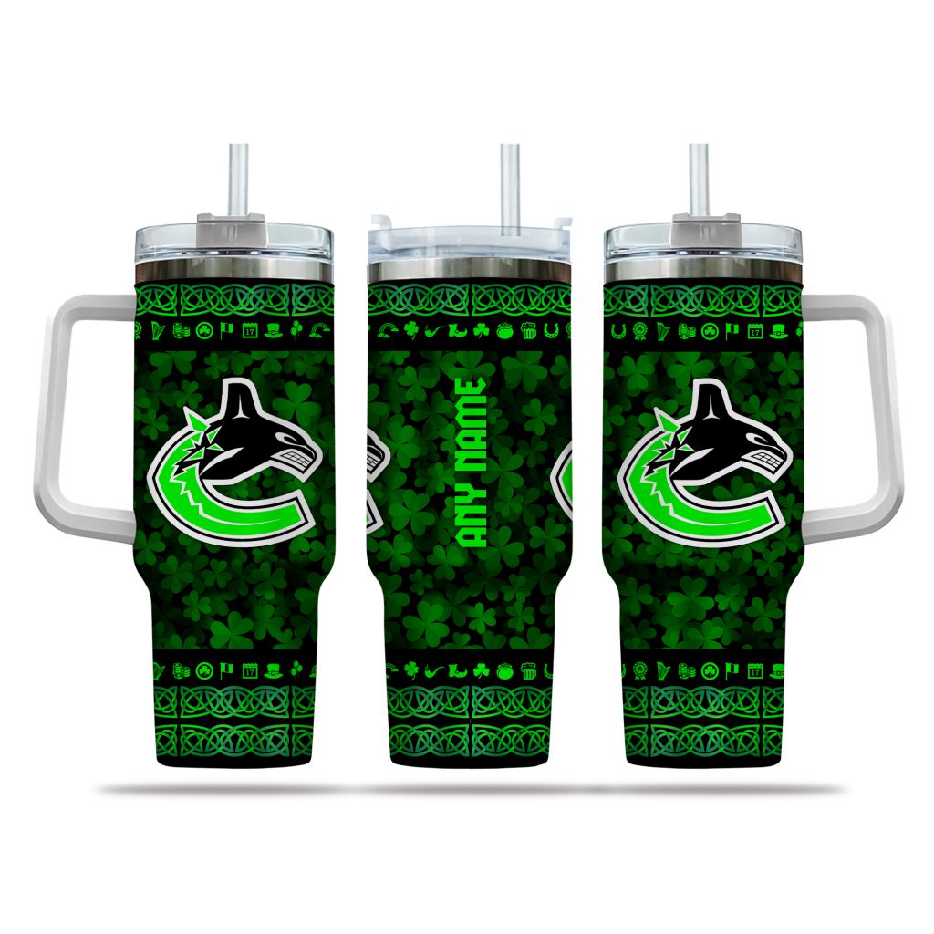 NHL Vancouver Canucks Happy St. Patrick's Day Custom Stanley Quencher 40oz Stainless Steel Tumbler With Handle