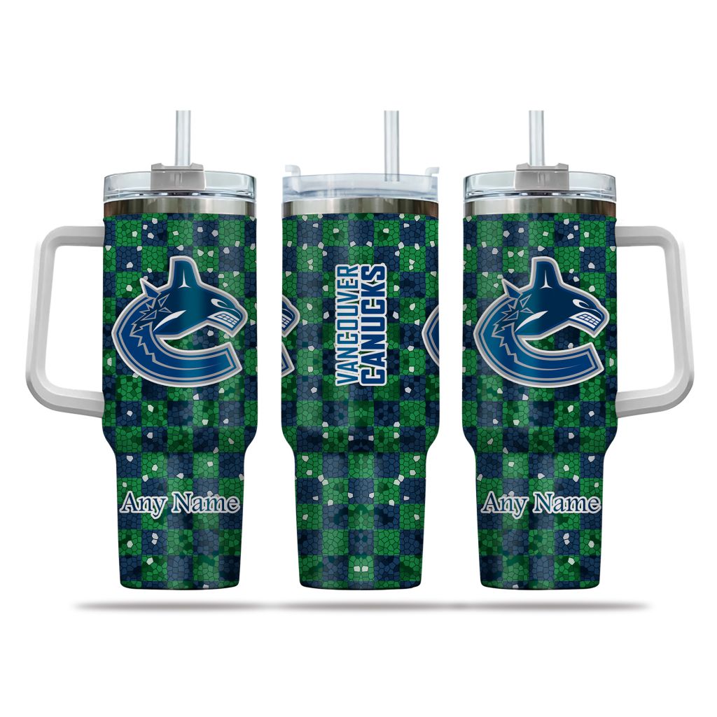 NHL Vancouver Canucks Stained Glass Effect Custom Stanley Quencher 40oz Stainless Steel Tumbler With Handle