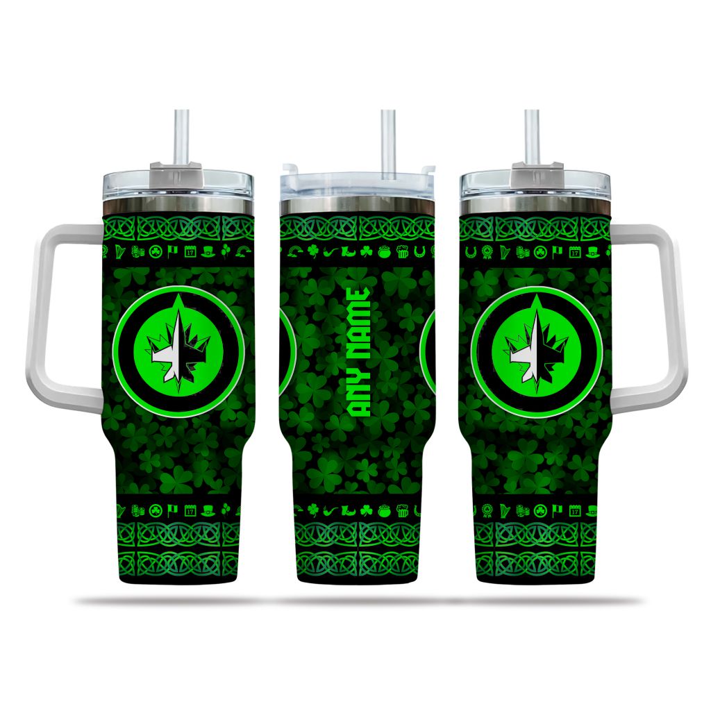 NHL Winnipeg Jets Happy St. Patrick's Day Custom Stanley Quencher 40oz Stainless Steel Tumbler With Handle