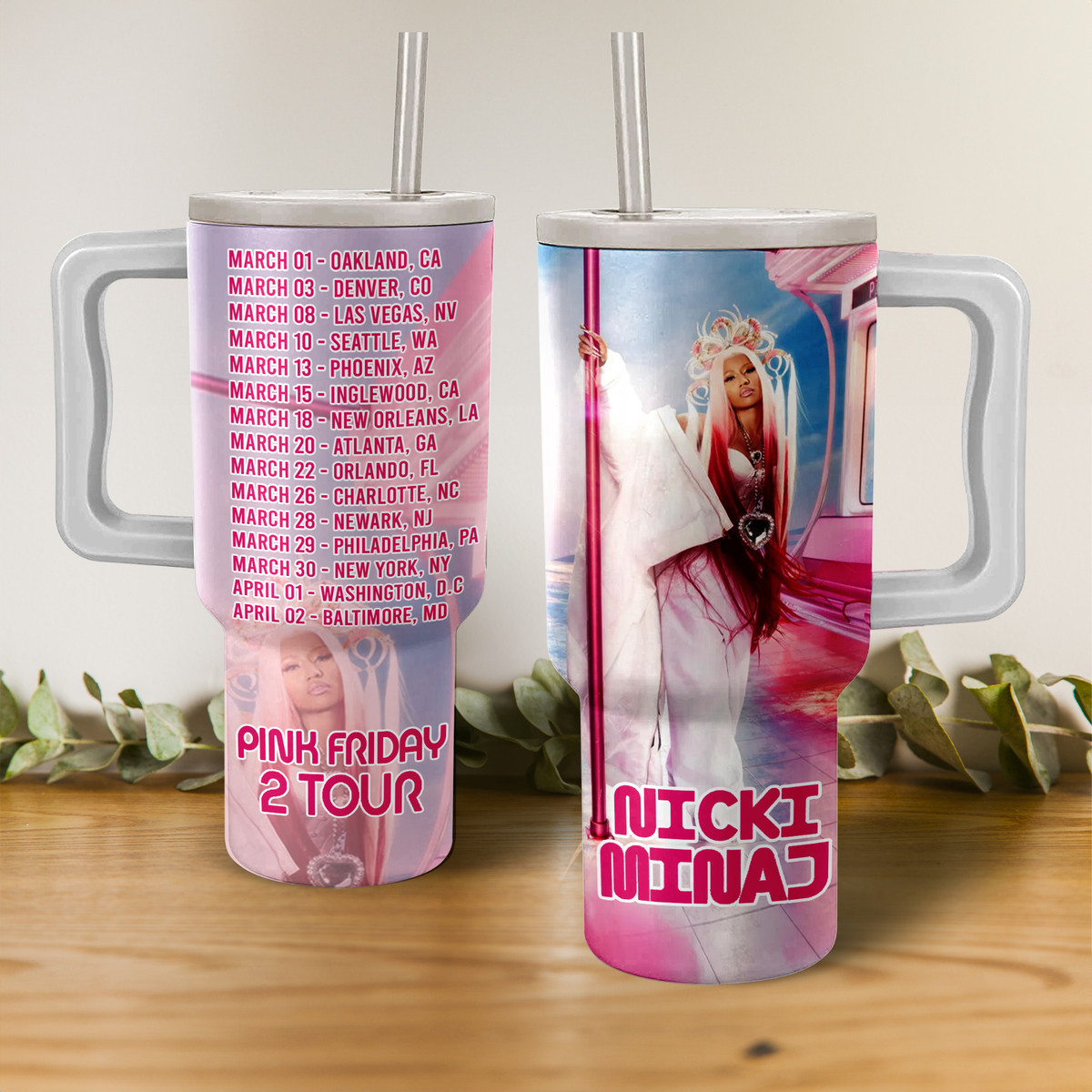 Nicki Minaj Pink Friday 2 Tour Music Custom Stanley Quencher 40oz Stainless Steel Tumbler With Handle
