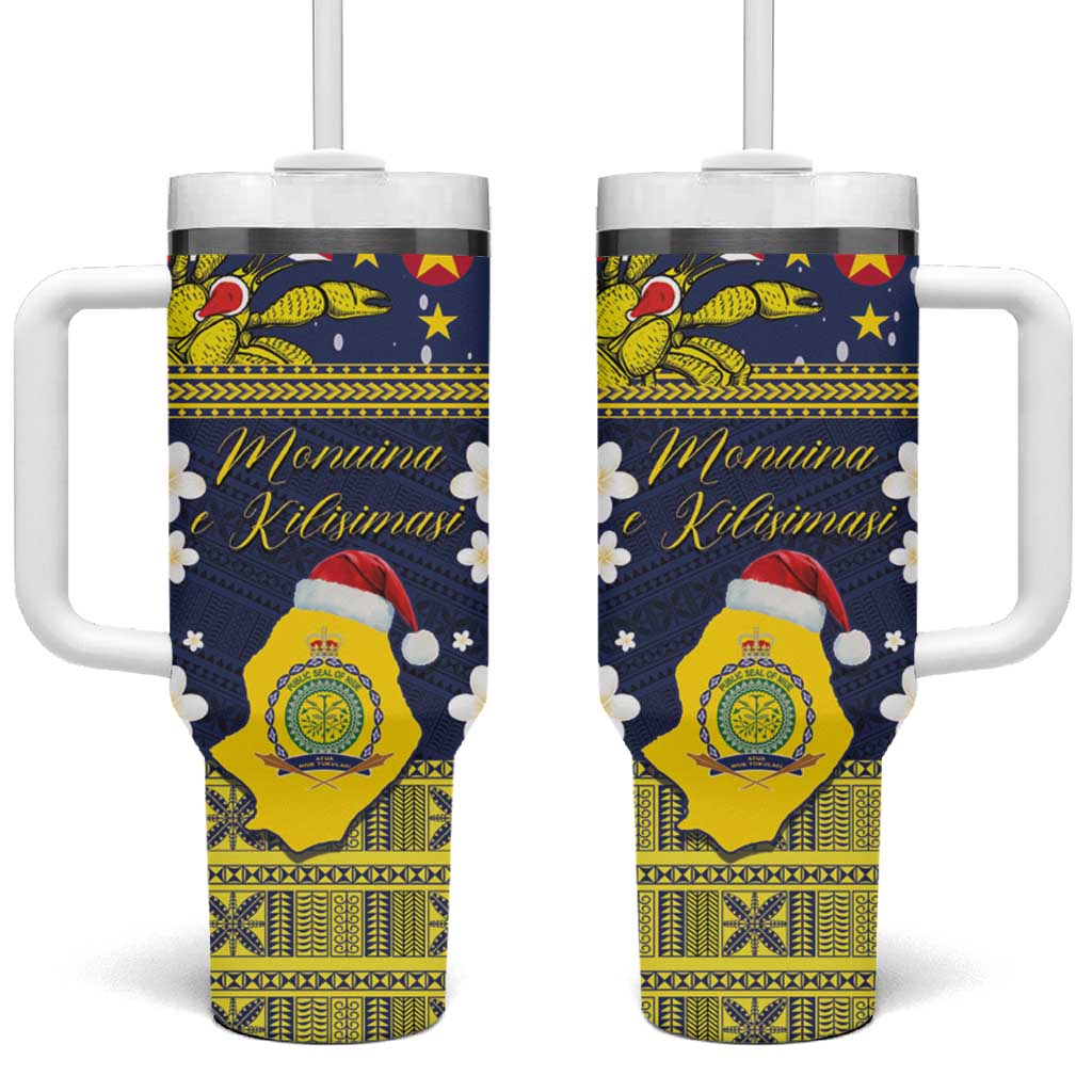 Niue Monuina e Kilisimasi Christmas Uga Niue Map and Emblem Custom Stanley Quencher 40oz Stainless Steel Tumbler With Handle